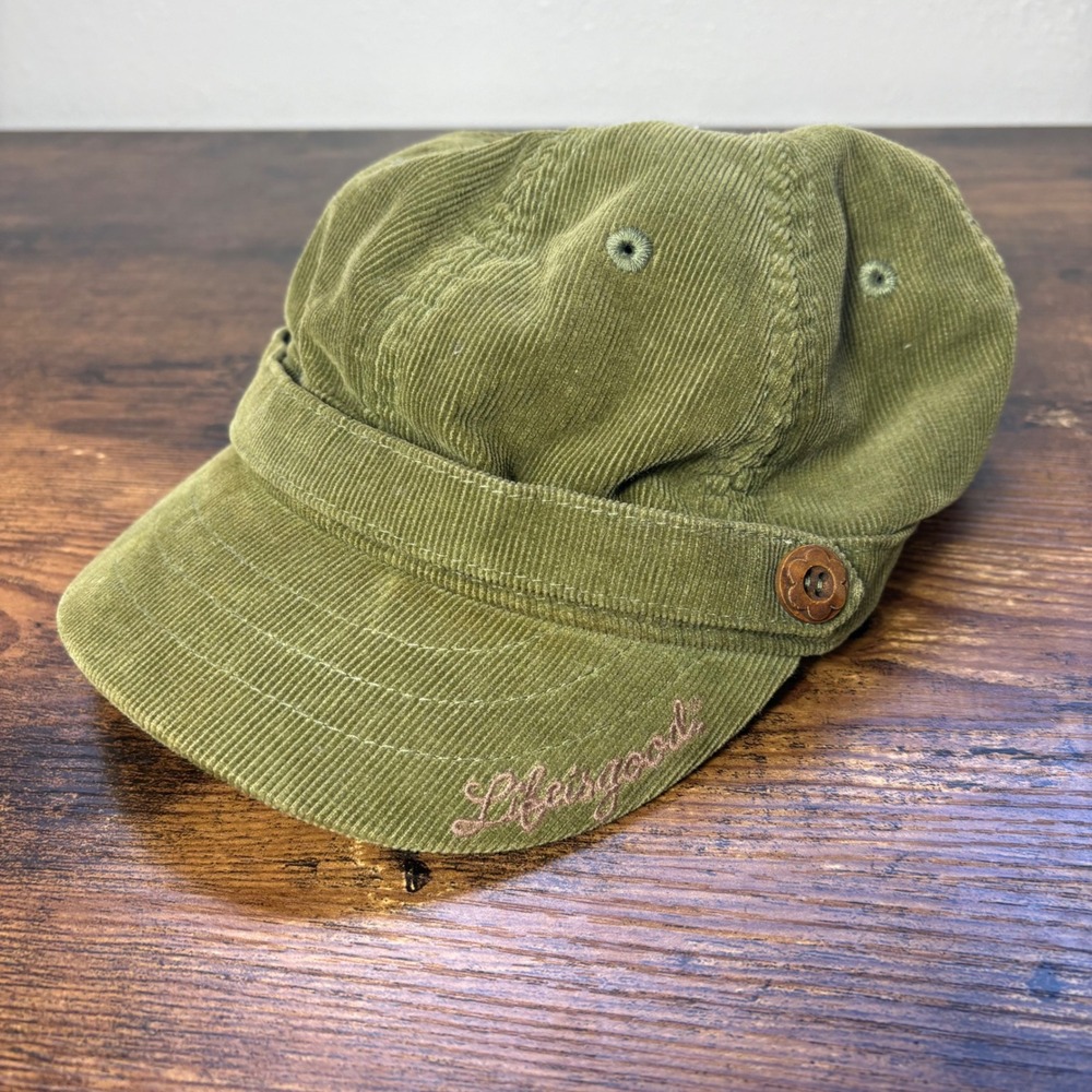 Life is Good Olive Green Corduroy Cadet Hat Cotton Cap Floral Button Adjustable